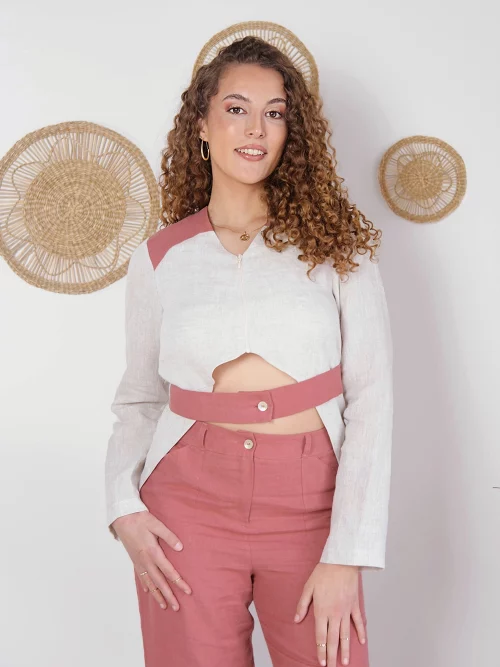Veste en lin femme bi color Callisto portée de face, veste lin bicolore slow fashion — Diane G.
