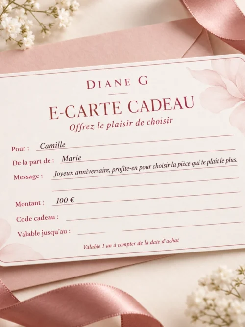 Exemple d’e-carte cadeau Diane G personnalisée avec prénom, message, montant, code cadeau et date de validité