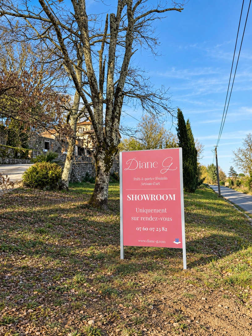 Panneau du showroom Diane G à Rosières en Ardèche indiquant l’accès sur rendez-vous